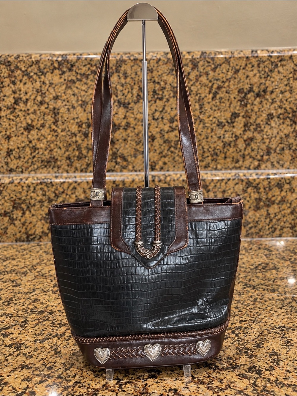 Vintage Y2K Western Croc Shoulder Bag Brown Black Heart Accents